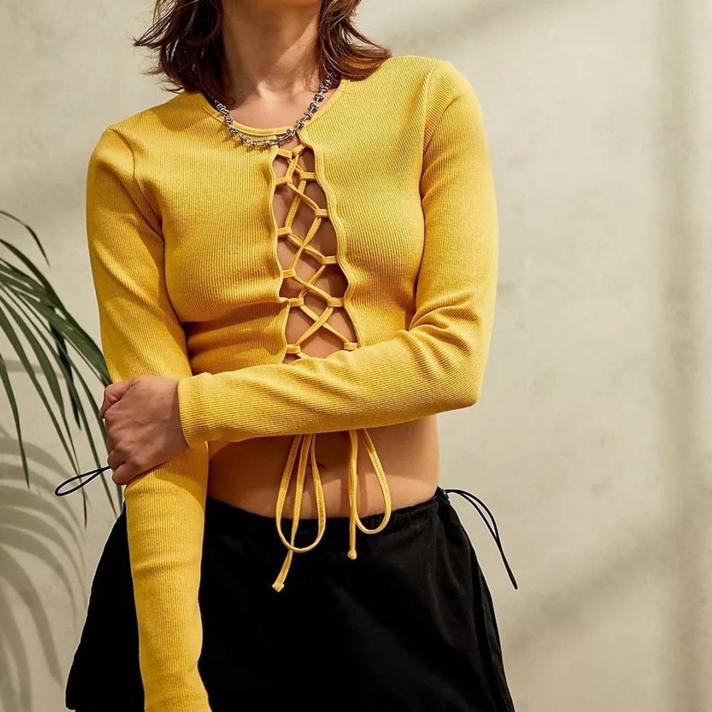 The Ragged Priest Mustard Yellow Lace-Up Ribbed Crop Top Size Med